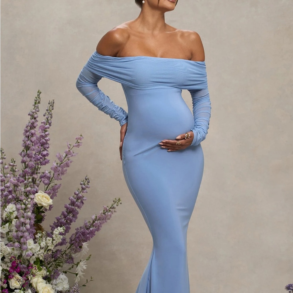 Maternity Blue Off the Shoulder Long Sleeve Bodycon Dress